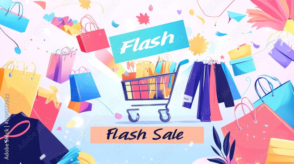 A colorful graphic promoting a flash sale with shopping bags and a shopping cart. A colorful graphic promoting a flash sale with shopping bags and a shopping cart.