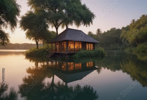 A small, charming house is situated in the middle of a serene lake