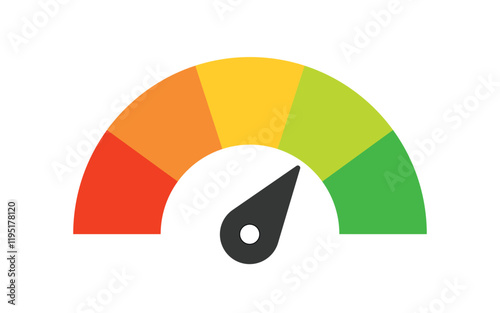 Speedometer, gauge meter icon. Scale, level of performance. Speed dial indicator . Green and red, low and high barometers, dashboard with arrows. Vector illustration.