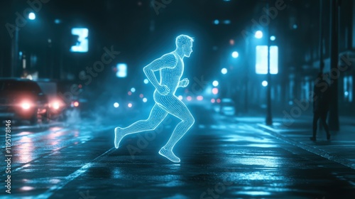 Glowing Blue Wireframe Runner Figure Jogging on City Street at Night Time