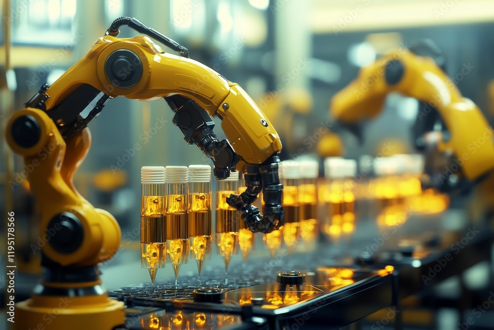 Yellow robotic arm handles glowing containers. Yellow robotic arm handles glowing containers.