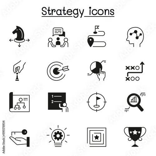 Strategy & planing icon set in thin line style