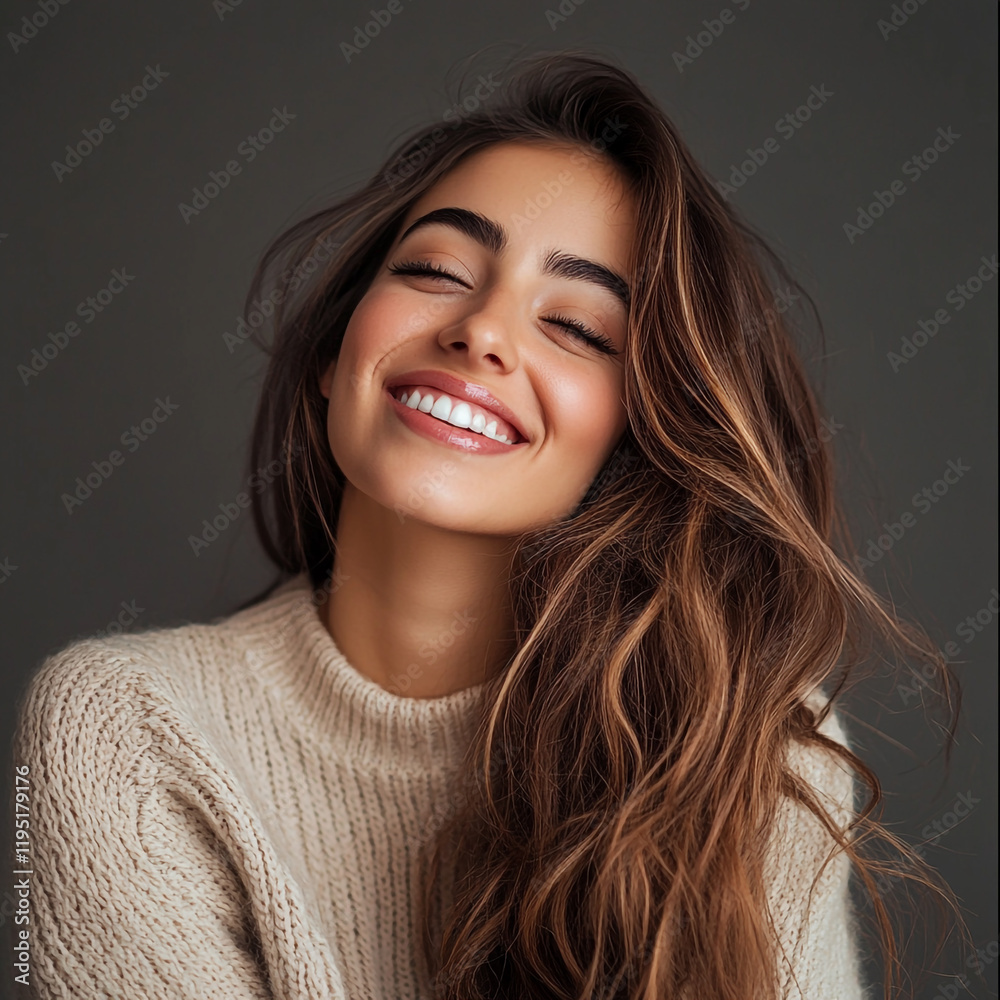 Cheerful young woman smiling and gazing away, posing confidently in a studio setting
