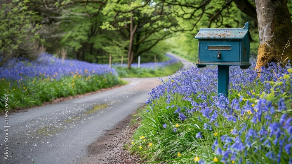 A serene road lined with bluebells and a green mailbox in a lush, tranquil environment. A serene road lined with bluebells and a green mailbox in a lush, tranquil environment.