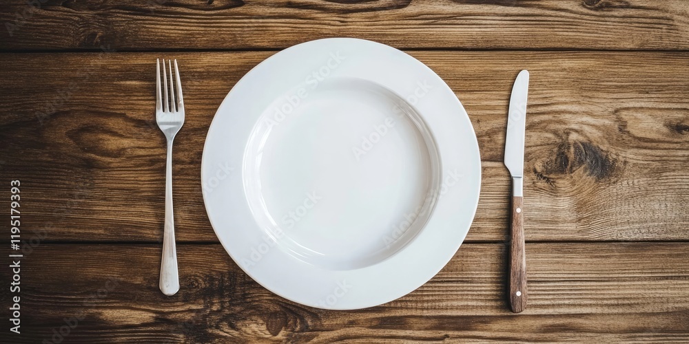 Minimalistic table setting with a white ceramic plate and stainless steel cutlery on a rustic wooden surface embodying a Nordic design aesthetic. Minimalistic table setting with a white ceramic plate and stainless steel cutlery on a rustic wooden surface embodying a Nordic design aesthetic.