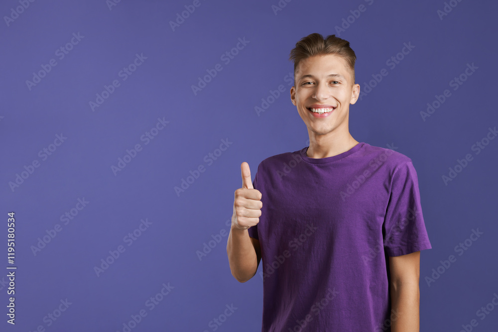 Happy man showing thumbs up on purple background, space for text. Like gesture Happy man showing thumbs up on purple background, space for text. Like gesture
