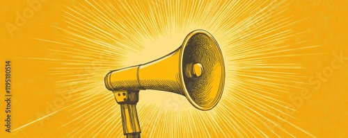 Yellow megaphone or bullhorn with lines over yellow background, business announcement or communication concept, Generative AI