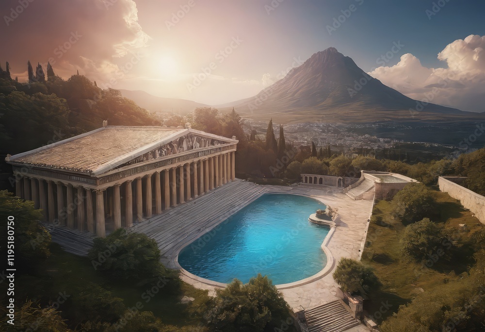 An ancient building overlooks a body of water from a hill An ancient building overlooks a body of water from a hill