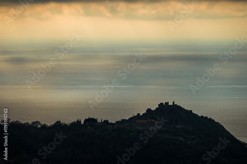 sunset over the Tyrrhenian Sea during a spring day with a cloudy sky, seen from Maierà, Cosenza