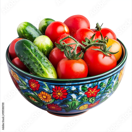 Colorful bowl of fresh vegetables featuring vibrant tomatoes and cucumbers photo