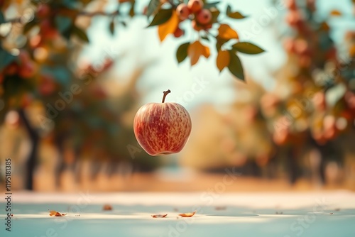 A falling apple isolated mid air resembling newton's gravity theory
