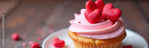 A Cupcake Or Tartlet With Pink Meringue Cream Is Decorated With Two Big Red Hearts And Small Heart Shape Candies. 00001