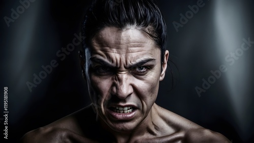 A moody and atmospheric portrait photograph of a person with a strong, defined jawline, clenched in determination, furrowed brows that convey a sense of concentrated intensity, and an intense, piercin photo