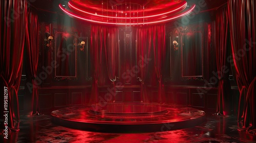 a red stage with a black stage and red curtains