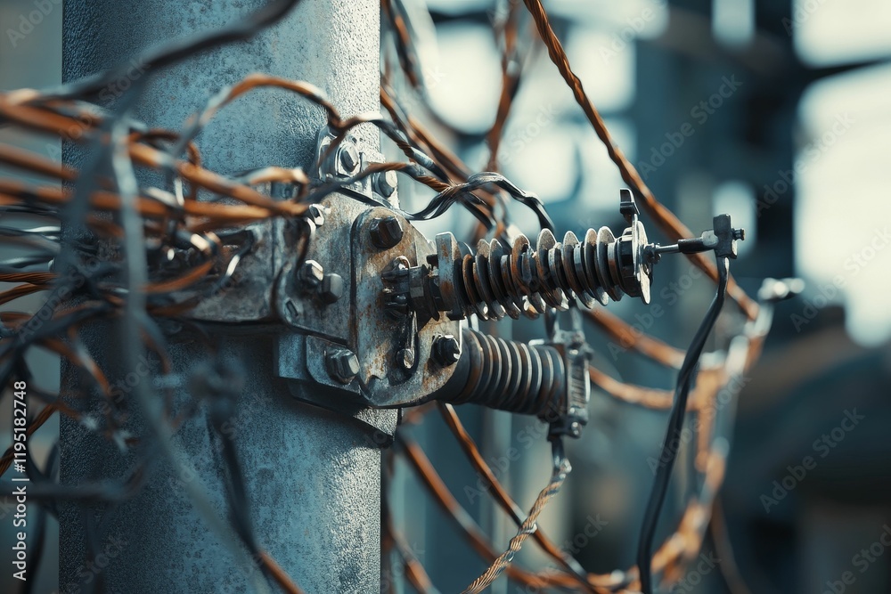Fototapeta premium Rusty metal contraption, tangled wires, weathered pole.