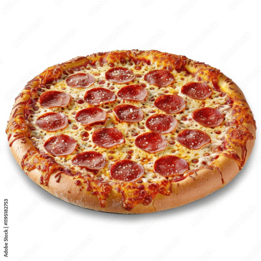 A delicious pepperoni pizza with a golden crust and bubbling cheese, isolated white background, hyperrealism art style A delicious pepperoni pizza with a golden crust and bubbling cheese, isolated white background, hyperrealism art style