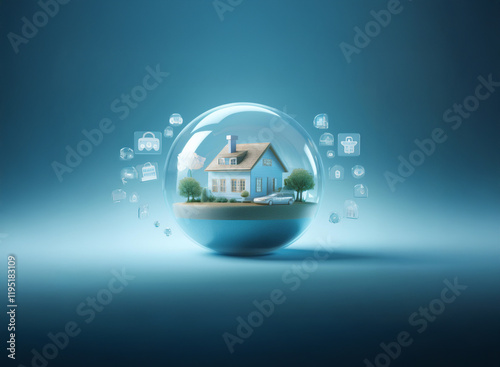 A miniature house and car sit inside a transparent sphere, surrounded by floating icons representing possessions and assets. This symbolizes protection, security, and the concept of safeguarding one's