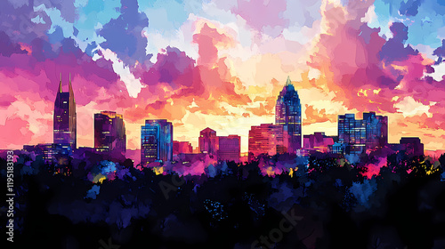 Stunning winston salem skyline at dusk with colorful sunset and modern architecture silhouettes. Windstone. Illustration