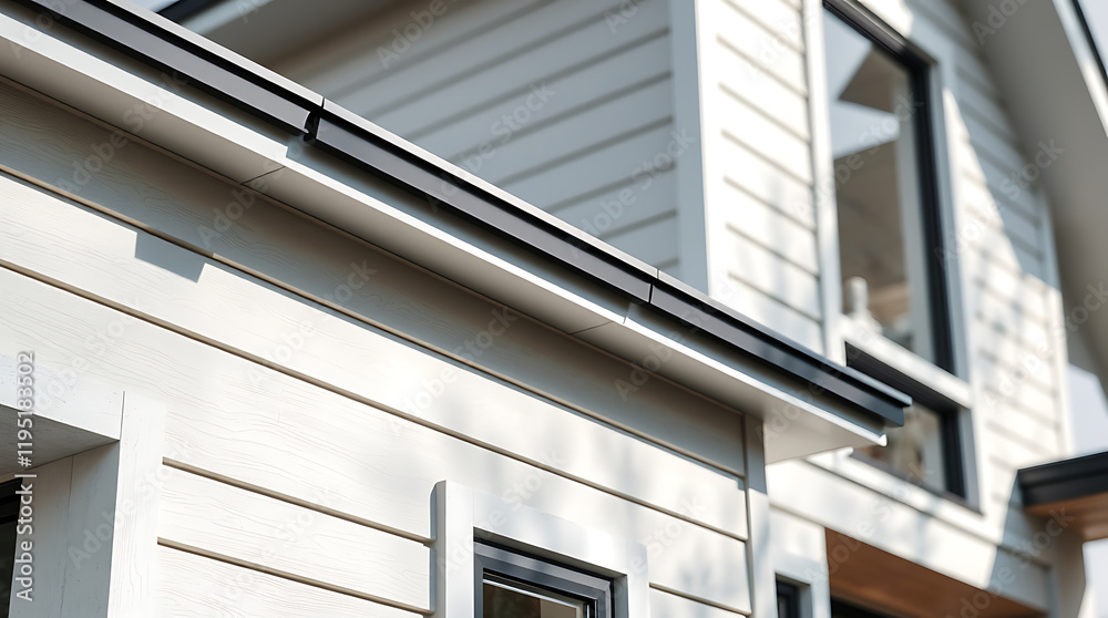 Fototapeta premium Modern House Exterior: White Siding, Black Gutters, and Clean Architectural Design. Real Estate, Home Improvement