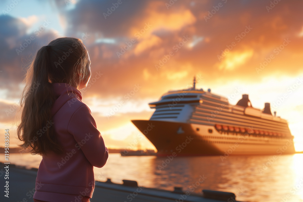 girl stands on quay, gazing at enormous cruise ship during stunning sunset. vibrant colors of sky reflect on water, creating serene atmosphere girl stands on quay, gazing at enormous cruise ship during stunning sunset. vibrant colors of sky reflect on water, creating serene atmosphere