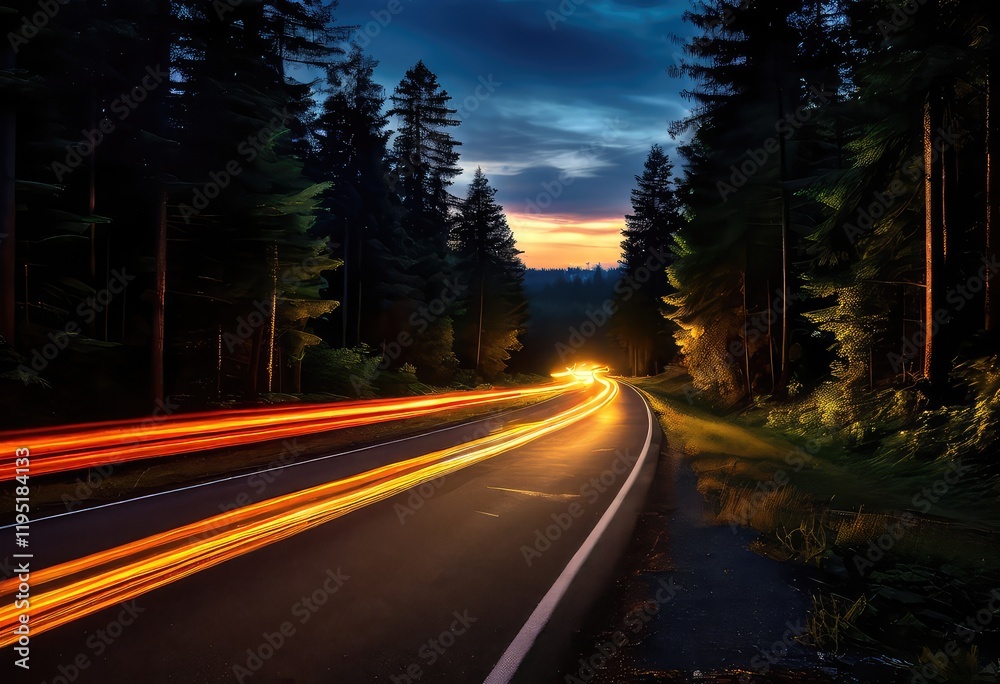 There is a winding road that passes through a dense forest at night There is a winding road that passes through a dense forest at night