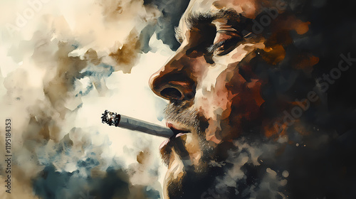 Watercolor painting of a man smoking a cigarette. Windstone. Illustration photo