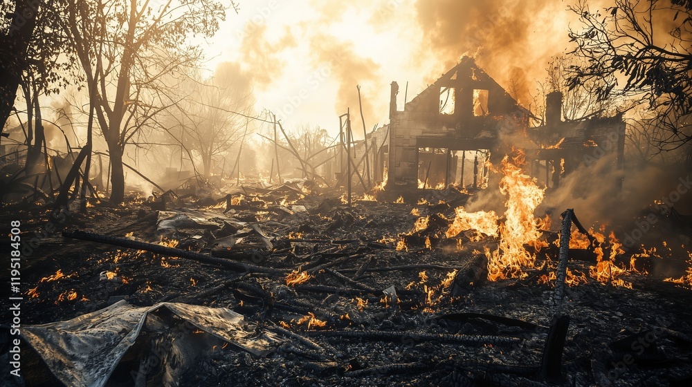 Charred remains of a city after wildfire; smoke and debris signify devastation and recovery challenges. Charred remains of a city after wildfire; smoke and debris signify devastation and recovery challenges.