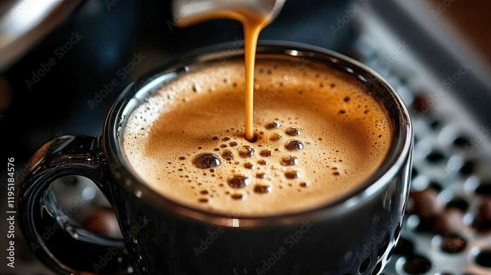 Close-up of freshly brewed espresso with thick, creamy foam in a black cup. Close-up of freshly brewed espresso with thick, creamy foam in a black cup.