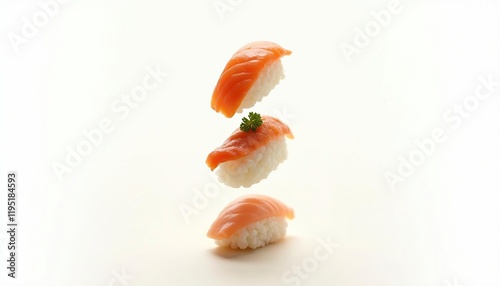 A creative tower composition of flying imbalanced sushi, magazine cover design, white background, high detail
