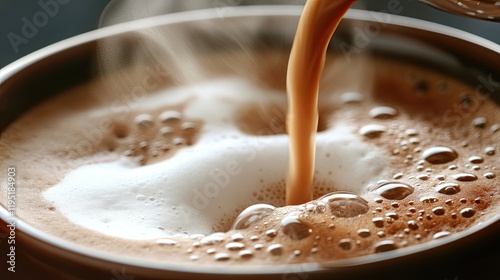 Close-up of freshly brewed espresso with thick, creamy foam in a black cup. photo