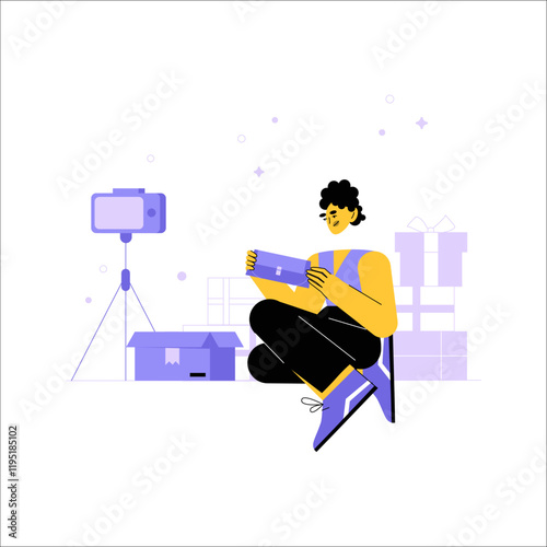 Male Unboxing Product In Flat Vector Illustration Symbolizing Online Shopping, Product Reviews, And Unboxing Experience, Isolated On White Background