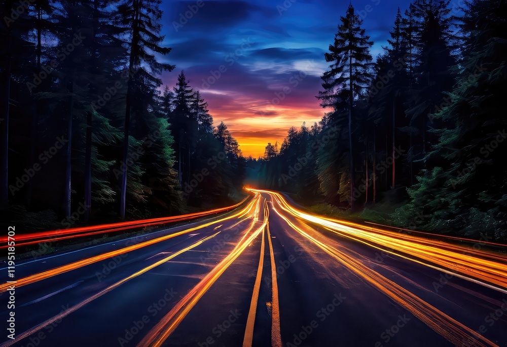 There is a winding road that passes through a dense forest at night There is a winding road that passes through a dense forest at night