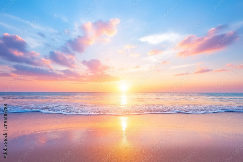 Obraz premium stunning sunset over sea, with vibrant colors reflecting on water surface. calm waves gently lap at shore, creating serene atmosphere