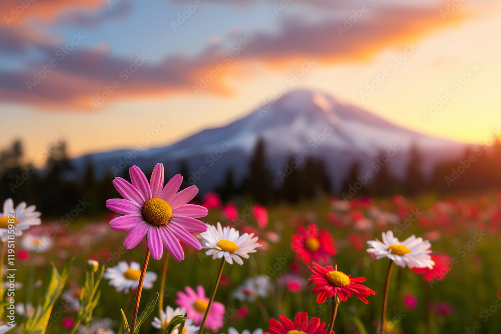 Obraz premium Beautiful flower field with colorful wildflowers and mountains at sunset. vibrant daisies in foreground create stunning contrast against majestic backdrop