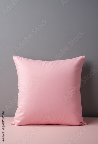 Comfortable pink square pillow placed on a pnik surface with gray background.Vertical image.	
 photo