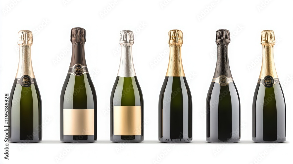 Six champagne bottles with varying foil colors arranged in a row on a white background Six champagne bottles with varying foil colors arranged in a row on a white background
