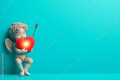 Cupid's Embrace: A charming cherub figurine with delicate wings, holds a glowing red heart, symbolizing the boundless power of love. Set against a vibrant turquoise background. photo