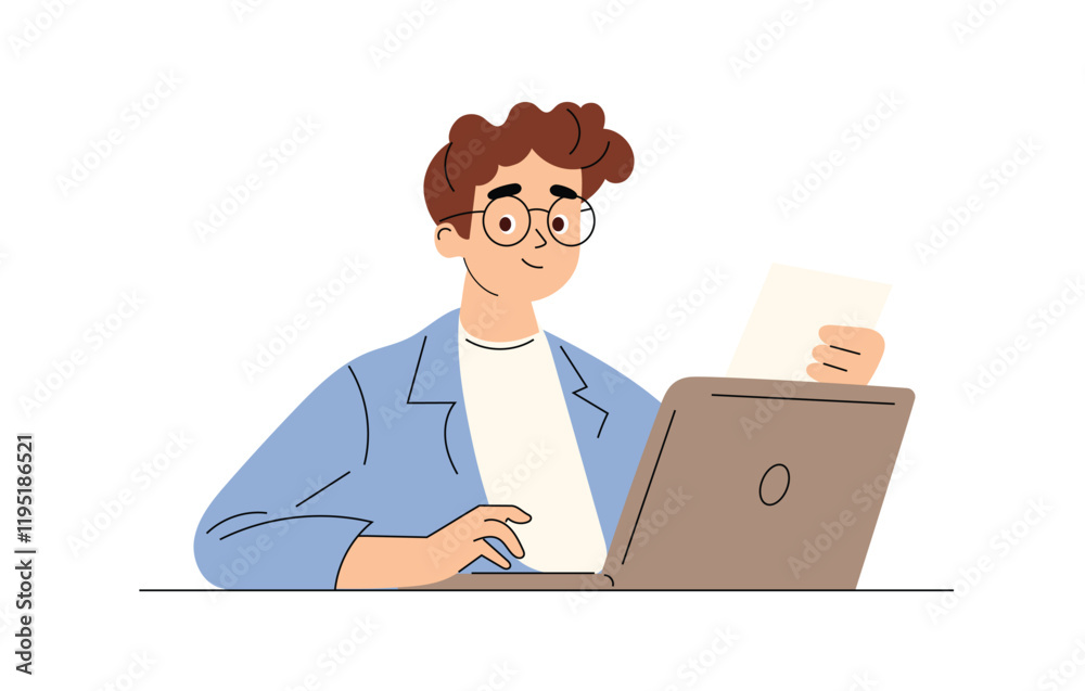 Office employee sitting at a desk with a laptop, holding a business document in hand. Man reviewing a CV or application form. Flat vector illustration on a white background. Office employee sitting at a desk with a laptop, holding a business document in hand. Man reviewing a CV or application form. Flat vector illustration on a white background.