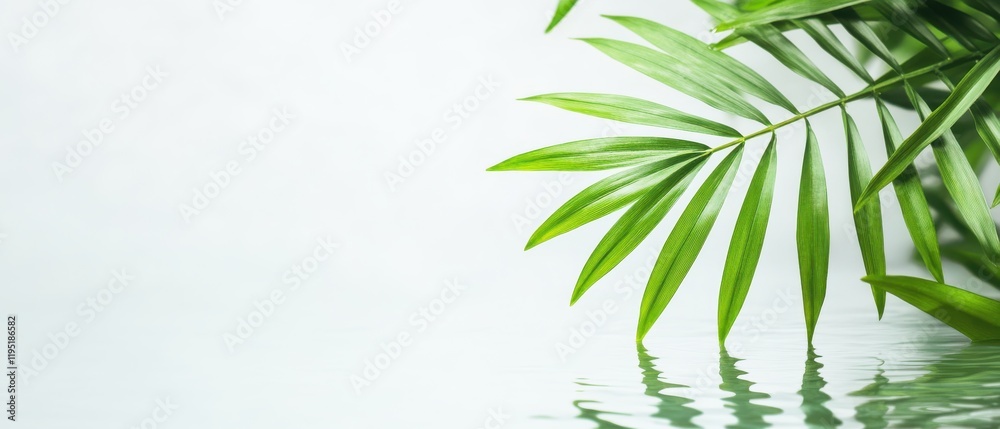 Fototapeta premium A serene composition featuring lush green palm leaves reflected on tranquil water, evoking a sense of calm and natural beauty.