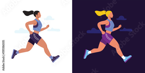 Female athlete jogging outdoors in profile view. A woman runner engaged in a cardio workout and physical training. Set. Sport activity and fitness. Flat vector illustration on a white background.