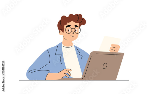 Office employee sitting at a desk with a laptop, holding a business document in hand. Man reviewing a CV or application form. Flat vector illustration on a white background.
