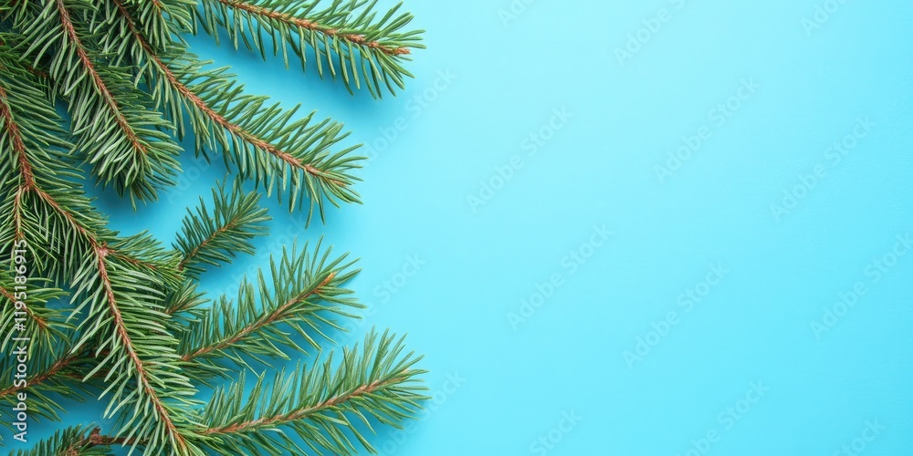 Fresh green spruce branches with needles arranged on left side against a light blue background creating a festive Christmas theme with ample copy space. Fresh green spruce branches with needles arranged on left side against a light blue background creating a festive Christmas theme with ample copy space.