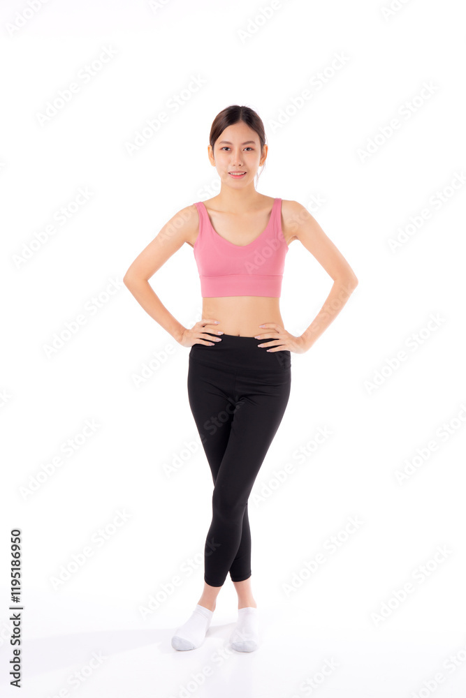 Portrait of beautiful young asian woman in sportwear smile and showing waist and abs isolated on white background, sport and exercise for health, female slimming with confident and wellness Portrait of beautiful young asian woman in sportwear smile and showing waist and abs isolated on white background, sport and exercise for health, female slimming with confident and wellness
