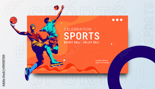 Illustration of volleyball and basketball players shooting the ball. Design with a big ball sports concept. Silhouette of sports athletes, white and orange background. National Sports Day Celebration 