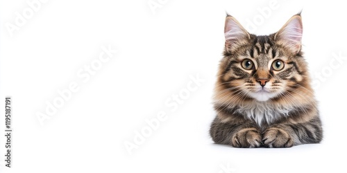 Fluffy brown tabby cat with striking green eyes lying down on the right side of a bright white background showcasing detailed fur textures.