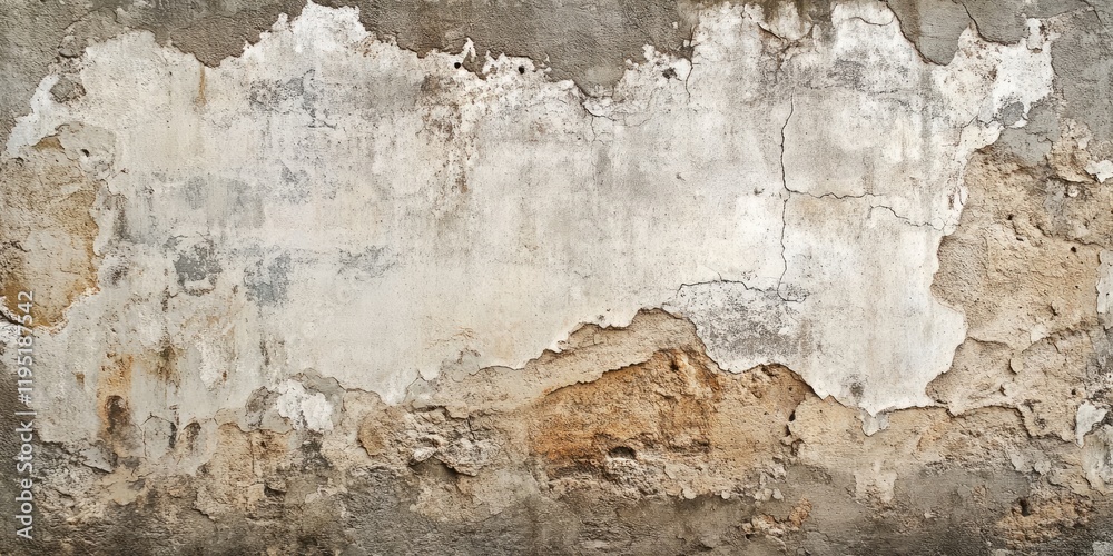 Fototapeta premium Textured aged concrete wall with cracked stucco background in shades of gray and brown, featuring irregular patterns and peeling layers.