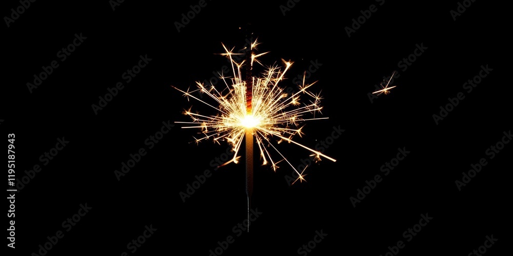 Sparkler emitting bright golden sparks against a black background, central position with vibrant light radiating outward for holiday celebrations Sparkler emitting bright golden sparks against a black background, central position with vibrant light radiating outward for holiday celebrations