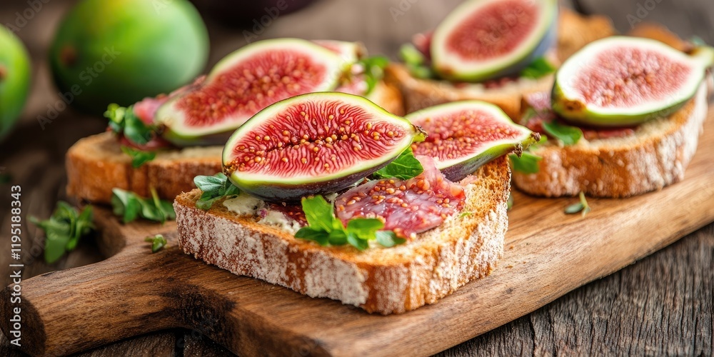 Freshly prepared fig sandwiches on rustic wooden board with vibrant green mango tree leaves, horizontal orientation showcasing rich colors. Freshly prepared fig sandwiches on rustic wooden board with vibrant green mango tree leaves, horizontal orientation showcasing rich colors.