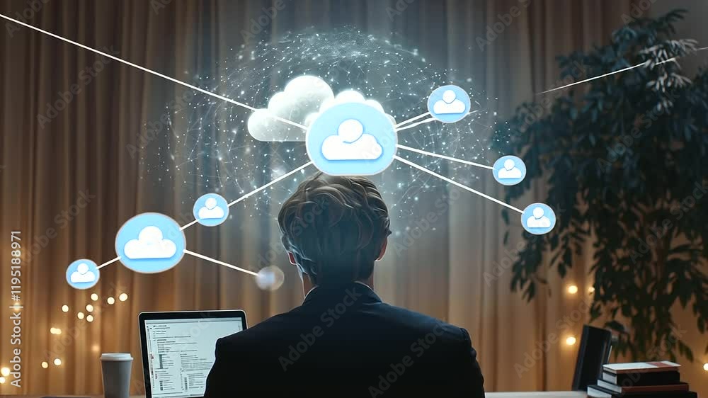 Businessman with Laptop and Digital Security Hologram