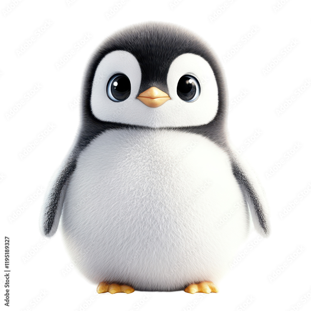 Fototapeta premium Adorable Baby Penguin: A charming, chubby penguin chick with big, expressive eyes stands front and center, radiating cuteness. Perfect for children's books, cards.